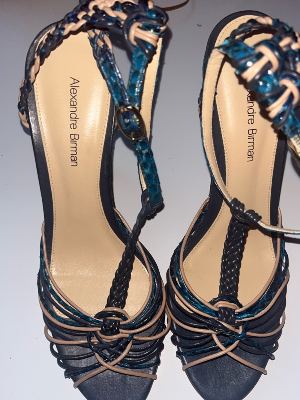 Alexandre Birman Navy and Beige Braided Strappy Heels